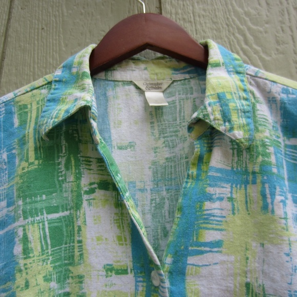 Chritopher & Banks Shirt Women's XL Button Up Linen‎ Green Blue 3/4 sleeve Boho - Picture 2 of 14